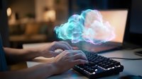 Hands typing on keyboard with glowing cloud hologram above, representing cloud computing, data storage, and digital transformation in modern workspace.
