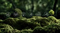 Environmental sustainability icons on mossy forest ground with small tree, representing eco-friendly business practices and green initiatives in natural setting.