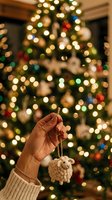 Close-up of hand holding sheep ornament against blurred evergreen tree with warm and colorful lights. Festive holiday decoration for seasonal greeting cards and winter celebrations.