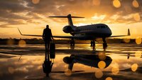 Business executive silhouette standing near private jet aircraft on wet tarmac during golden sunset with dramatic sky and bokeh lights reflecting on ground.