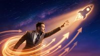 Business professional man in suit launching rocket with glowing trail against starry night sky background for startup and entrepreneurship concepts.