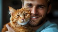 Young Caucasian man with beard holding ginger maine coon cat close to face, both looking at camera. Pet owner showing affection and bonding with feline companion.