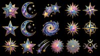 Celestial stars, moons, and suns collection isolated on transparent background. Ready for t-shirt design, clipart, stickers, sublimation, print-on-demand products and digital crafts.