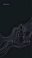 Minimalist line art of serene woman in meditation pose with flowing hair and serenity text on dark background for wellness and mindfulness designs.