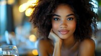 Young African American woman with natural curly hair smiling confidently at restaurant, hand on chin, soft evening lighting and wine glass in foreground creates romantic ambiance.