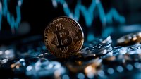 Golden cryptocurrency coin on dark background with blue trading chart reflection, modern digital money concept for financial technology and banking.