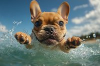 Playful French Bulldog swimming in clear blue water with splashing droplets, close-up view of happy puppy face and paws reaching forward against summer sky.