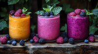 Fresh fruit smoothies in mason jars garnished with berries and mint leaves on rustic wooden surface against dark garden background. Healthy breakfast drinks.