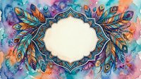 Watercolor boho frame with colorful feathers and ornate mandala border on vibrant purple and orange background with copy space.