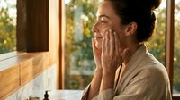 Young woman with medium skin tone applying skincare product to face in bright bathroom with natural window light, morning routine and beauty care concept.