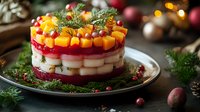 Festive layered salad with beets, potatoes, carrots, cranberries and dill garnish on dark background with holiday decorations and bokeh lights.