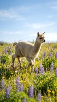 Cream-colored alpaca standing in blooming lupine field under blue sky with distant evergreen trees, suitable for agriculture and wildlife content.