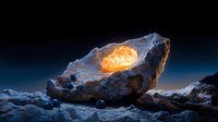 Natural rock arch formation glowing with warm orange light against starry night sky creating dramatic landscape scene for adventure and nature photography.