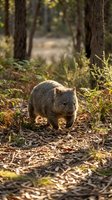 Adorable wombat walking through Australian forest floor covered in fallen leaves and ferns with warm sunlight filtering through trees in background.