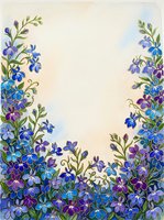 Watercolor floral border with blue and purple wildflowers framing a soft cream background, perfect for greeting cards and invitations.