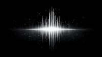 White sound wave visualization on black background with glowing light effect and particles, representing audio frequency or voice recognition technology.