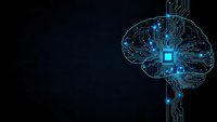Digital brain with glowing circuit patterns and microchip core on dark background representing artificial intelligence and neural network technology.