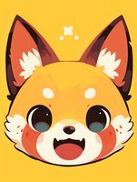 Adorable red panda face with big expressive eyes and happy smile on yellow background, cartoon style illustration for children's designs and merchandise.