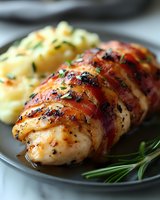 Bacon-wrapped chicken breast with herbs and mashed potatoes on dark plate. Grilled poultry dinner with crispy bacon and creamy side dish for restaurant menu.
