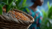 African farmer with traditional woven basket filled with raw wheat grains against blurred green agricultural field background, selective focus on harvest.