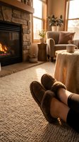 Cozy living room scene with feet in warm slippers by crackling fireplace, soft lighting and comfortable armchair creating relaxing home atmosphere.
