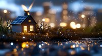 Miniature house with solar panel and wind turbine glowing at dusk, bokeh city lights background creates magical atmosphere. Sustainable energy concept.