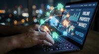 Digital real estate technology concept with glowing house icons floating above laptop keyboard in modern office environment for proptech applications.