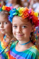 Young girl wearing rainbow paper flower crown and colorful tie-dye shirt smiles with glitter freckles on face during festive celebration or carnival party.