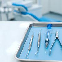 Dental instruments arranged on sterile tray in modern clinic with professional equipment for oral healthcare and medical procedures.