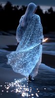 Young woman with long silver hair in glowing starry dress stands on water surface at night, magical ethereal light effect creates sparkles and reflections in dark atmosphere.