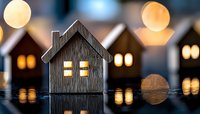 Miniature wooden house silhouette with glowing windows against blurred bokeh lights background creating cozy evening atmosphere on reflective surface.