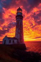 Majestic lighthouse tower against dramatic fiery sunset sky with vibrant orange and red clouds reflecting on ocean waters, rocky coastal setting at dusk.