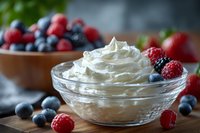 Fresh whipped cream in glass bowl with berries, wooden bowl of mixed berries in background for dessert recipes and food photography.