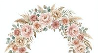 Watercolor boho floral arch with dusty pink roses, peonies, pampas grass, and eucalyptus leaves on white background, isolated for design use.