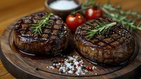 Grilled beef tenderloin steaks with rosemary sprigs and cherry tomatoes on wooden board, seasoned with salt and peppercorns, close up view of juicy meat.