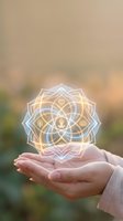 Glowing sacred geometry mandala floating above cupped hands with soft bokeh background for spiritual wellness and meditation concepts.