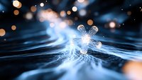 Delicate snowflake crystal floating on rippling water surface with glowing bokeh lights creating magical winter atmosphere and reflections in dark blue tones.