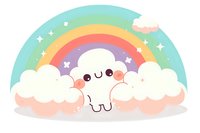 Cute kawaii ghost character floating with fluffy clouds and pastel rainbow in soft dreamy colors, stars sparkle in mint green sky for nursery art and children decor.