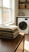 Stack of folded clean laundry towels on wooden counter in bright modern utility room with washing machine and natural window light for household chores.