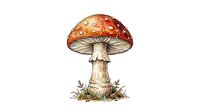 Fly agaric mushroom with red cap and white spots isolated on white background, suitable for botanical illustrations, educational materials, and design projects.