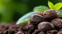 Fresh raw cacao beans on dark soil with green leaves in background, natural chocolate ingredients for food and cosmetic industry photography.