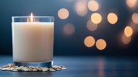 Glowing white candle in glass holder on scattered pumpkin seeds against dark background with soft golden bokeh lights creating cozy atmospheric mood.