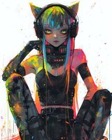 Colorful anime style character with cat ears wearing headphones and black outfit against white background, vibrant paint splash effects create dynamic cyberpunk atmosphere.