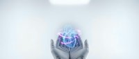 Digital brain hologram floating above open hands with glowing neural networks and electric connections for artificial intelligence and technology concepts.
