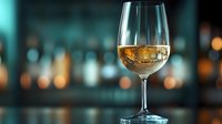 Glass of white wine on dark bar counter with blurred bottles and warm lights in background creating elegant atmosphere for restaurant menu design.