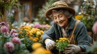 Elderly woman gardener in straw hat tending colorful autumn chrysanthemums in greenhouse nursery. Senior female horticulturist caring for potted flowering plants.