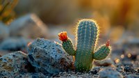 Small blooming cactus growing from rocky ground at sunset, with red flower buds and golden backlight creating glowing spines effect against blurred background.