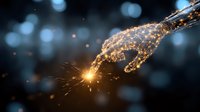 Glowing digital hand reaching towards bright spark against dark background with bokeh lights, representing artificial intelligence and technological breakthrough.