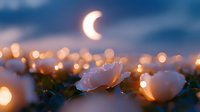 Delicate white rose blooming at twilight with crescent moon and city lights creating magical bokeh background. Perfect for romantic themes.