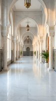 Elegant Islamic architecture corridor with ornate arches, marble columns and brass lanterns creating luxurious interior hallway for hospitality design.